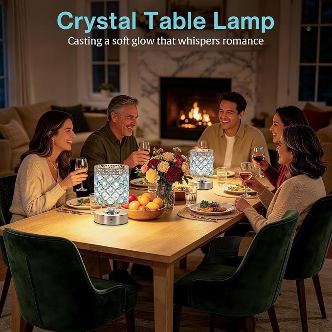 Blue Small Crystal Rechargeable Cordless Table Lamps Set of 2 | 6000mAh Battery, 3 Color Temps, Stepless Dimming, Touch Control, Portable Wireless Night Light for Bar Bedroom Living Room