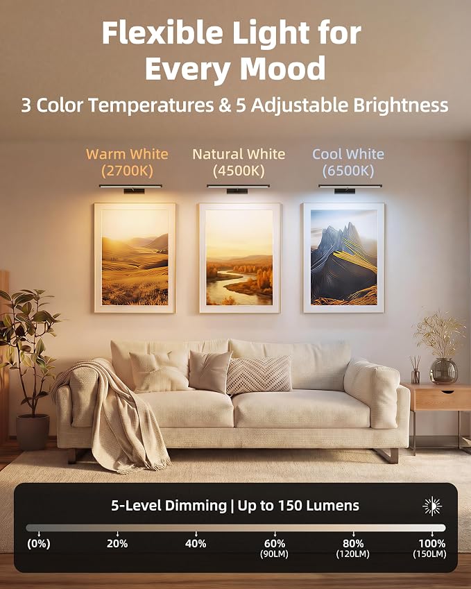 EZVALO Picture Light for Wall, 4800mAh Rechargeable Wireless Black Lights for Painting, 16In Dimmable Magnetic LED RGB Art Display Light, Colors Temperatures, for Gallery, Living Room, Hallway