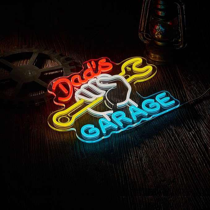 Dad's Garage Neon Sign for Wall Décor Garage LED Car Signs for Auto Repair Shop Man Cave Workshop Decor for Fathers Gift