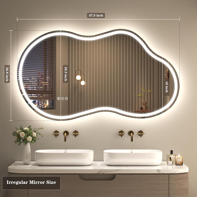 SMIROR 48x26 Irregular Led Lighted Bathroom Vanity Mirror | Asymmetrical, Cloud Shape, Front lighted + Backlit, Anti-Fog, 3 Colors, Dimmable, Memory, Tempered Glass, UL
