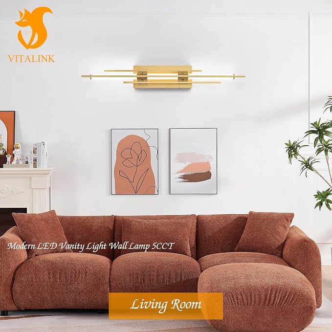 Gold LED Vanity Light 31IN Modern LED Bar Wall Light Over Vanity Mirror Hardwired Picture Light Dimmable Bathroom Wall Mount Lighting 5CCT(3000K/3800K/4500K/5200K/6000K)