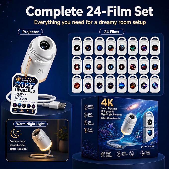 HD Smart Dynamic 5D Holographic Night Light Projector, 2-in-1 Galaxy Projector Night Light for Bedroom, Plug and Play HD Star Projector with 24 Ocean Films, 360° Rotating USB Ceiling Light (12PCS)