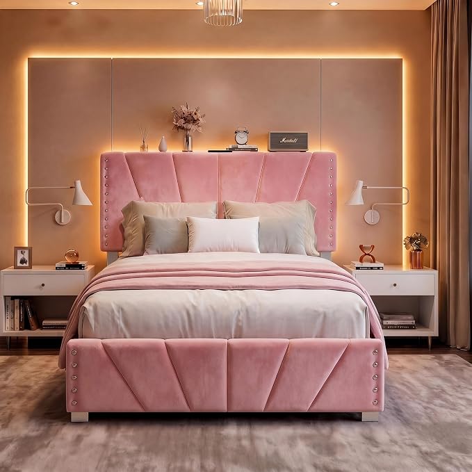 EnHomee Full Size Bed Frame with LED Lights & USB, Noise-Free, Pink | Adjustable Velvet Headboard,Under-Bed Storage,Heavy Duty Support with 12 Slats,No Box Spring Needed,Easy Assembly for Bedroom