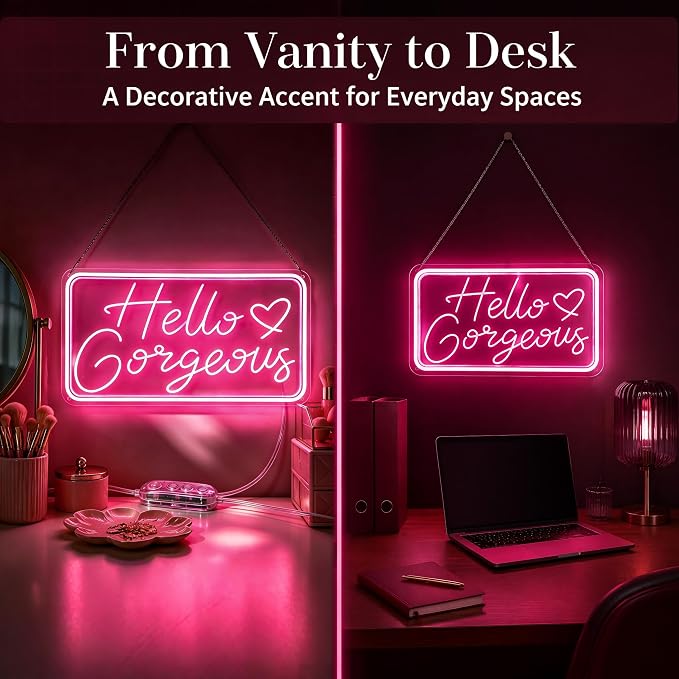 "Hello Gorgeous" Pink LED Neon Sign – Dimmable Motion Sensor Light Up Signs for Wall Decor,USB Powered Acrylic Neon Signs for Bedroom, Girls Room, 16.5"x9", Pink Light
