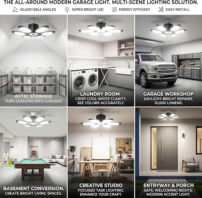 150W LED Garage Lights, 15000LM Super Bright Light Bulb for Garage Ceiling Lights, 6 Deformable Panels LED Shop Lights, E26/E27 Screw in Garage Lighting for Basement Workshop Barn