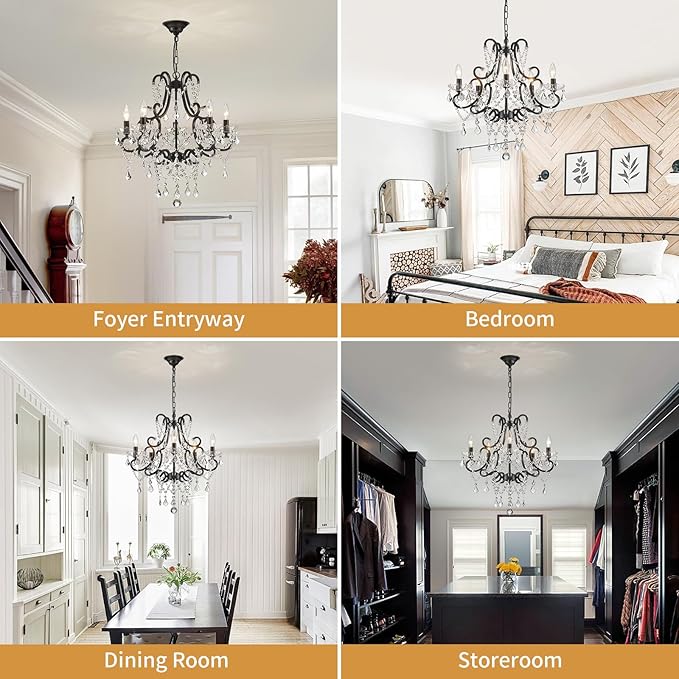 Black Crystal Chandelier, 5-Light Modern Black Chandelier for Dining Room Light Fixture, Crystal Pendant Ceiling Light Fixture, Modern Candle Chandelier for Living Room Kitchen Island Entryway Bedroom