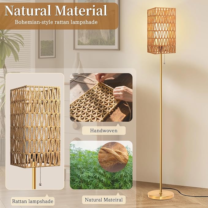 Ruiever Floor Lamp for Living Room,Farmhouse Floor lamp,Modern Standing lamp with Hand-Worked Rattan Shade (Square Rattan Shade Body Gold Color-3 Color Bulb)