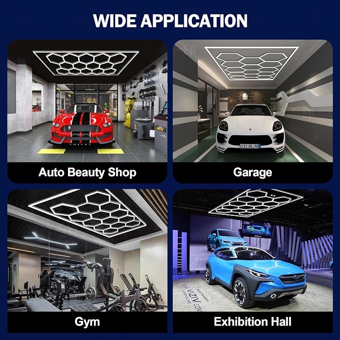 MODERN Hexagon Lights: 14 Grid Systems Honeycomb Light With Rectangle Frame, 86400LM 720W 6500K for Garage, Car Detailing Workshop and Exhibition Hall