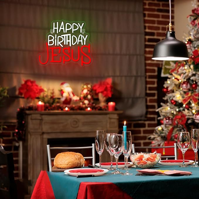 Happy Birthday Jesus Neon Sign for Wall Decor, Green & Red LED Neon Light Signs, Lighted Wall Art Decoration Neon Light, USB Powered for Ceremony Party Bar Home Birthday Bible Church Decor Gift