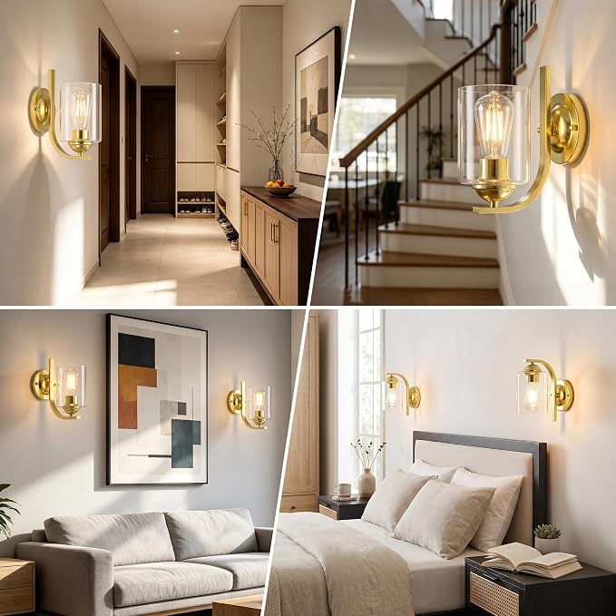 Wall Sconces Lights Lamp for Bedroom Bathroom, Modern Vanity Light Fixtures, Gold Farmhouse Wall Mount Lighting Lanterns with Clear Glass Shade for Living Room Mirror Hallway Kitchen