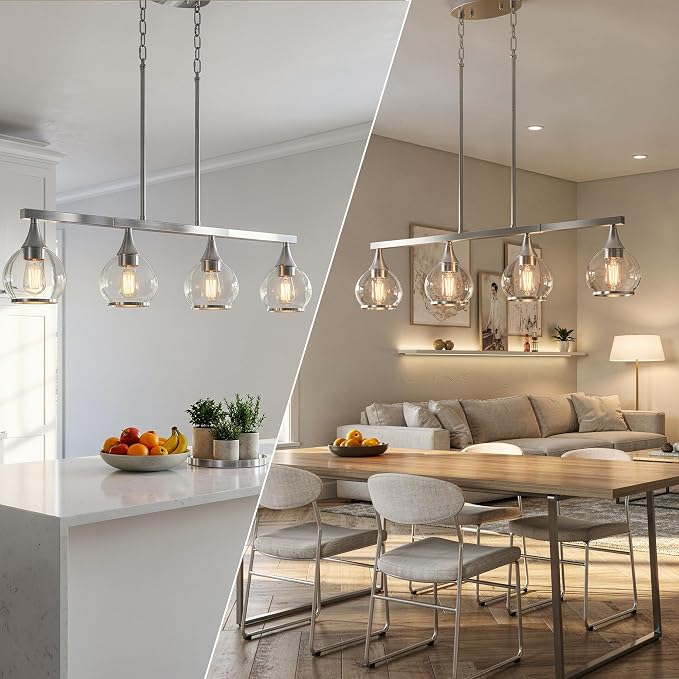 Kitchen Island Linear Pendant Light, 4-Light Brushed Nickeld Dining Room Chandelier with Clear Glass Globe Shades, Modern Linear Lighting Fixture Over Table