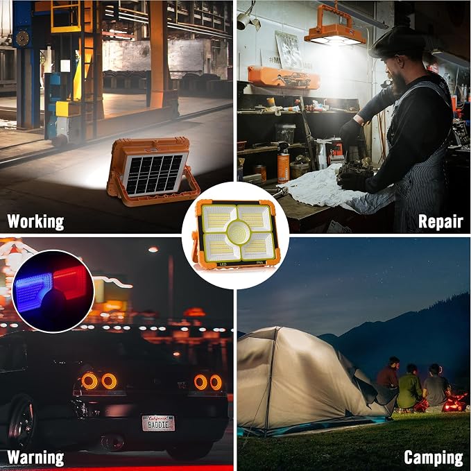 100W LED Solar Work Light, 466 LED 10000LM Magnetic Worklight with 5 Modes, 12000mAh Battary Rechargeable, IP66 Waterproof Portable Solar Outdoor Working Light for Emergency, Repair, Camping