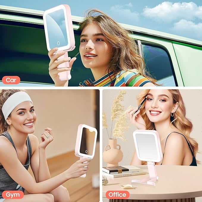 Magnifying Travel Mirror with Light, 30X/1X Double-Sided Magnifying Mirror with 3 Color Lights, Brightness Adjustable,Foldable Handheld Makeup Mirrors Portable for Travel and Desktop Use, Pink