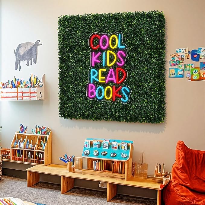 Thyle 10 Pcs Classroom Reading Corner Decorations Set Cool Kids Read Books | Neon Lights and 9 Pcs Artificial Grass Wall Panels Backdrop Decor for Back to School Library Teen Girls Bedroom
