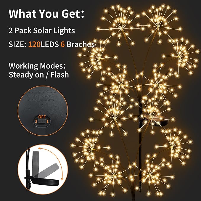 2 Pack Solar Garden Lights Outdoor Waterproof, New Upgraded 6 Branches Firework Starburst Lights with 2 Modes, Solar Fairy Lights for Yard Garden Patio Pathway Party Decor - Warm White
