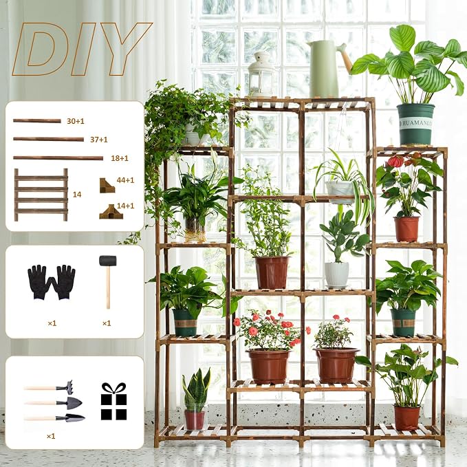Tall Shelf for Multiple Plants Indoor Outdoor 14 Tiers 16 Pot Holder Large Rack Wood Stand Shelves for Room Corner Balcony Garden Patio