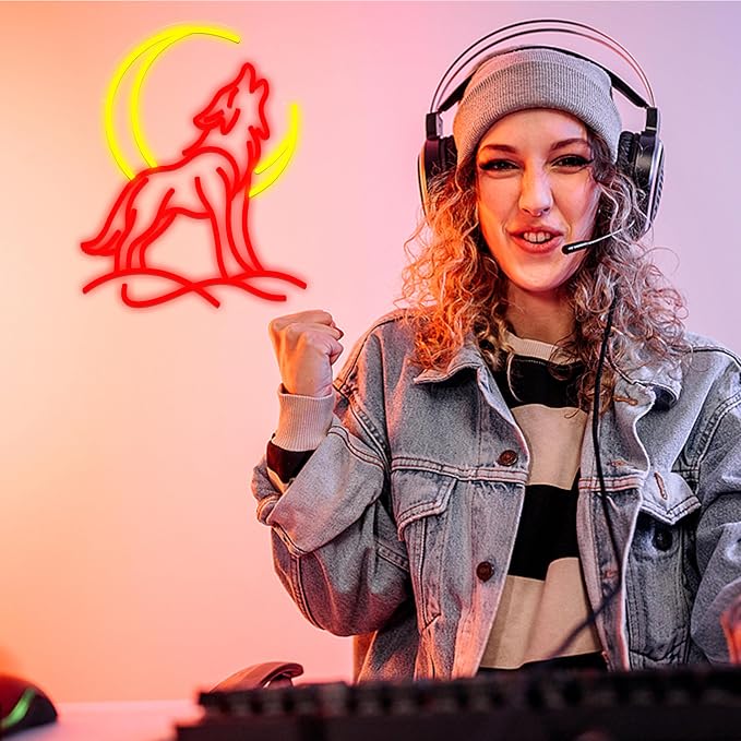 Wolf Moon Neon Sign for Wall Decor USB Powered Wolf Light Up Sign Yellow Dimmable Moon Neon Light for Room Cafe Pet Shop Gymnasium (12.6 * 15.75 in)