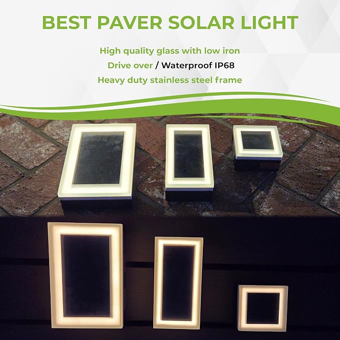 LUMENGY Solar Paver Light 4×8 inch (3.93x7.87), Stainless Steel with Tempered Glass, 2700K Warm White Glare-Free Lighting for Driveways, Walkways and Patios, IP67 Waterproof, Drive-Over Rated
