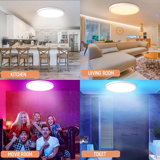 MELEGAN 12 Inch Smart RGB LED Flush Mount Ceiling Light (2 Pcs) | 24W Super Slim RGB Light, Color Changing, Music Sync, Flush Mount, Dimmable 2700-6500K, WiFi Alexa Google, for Kitchen Dining