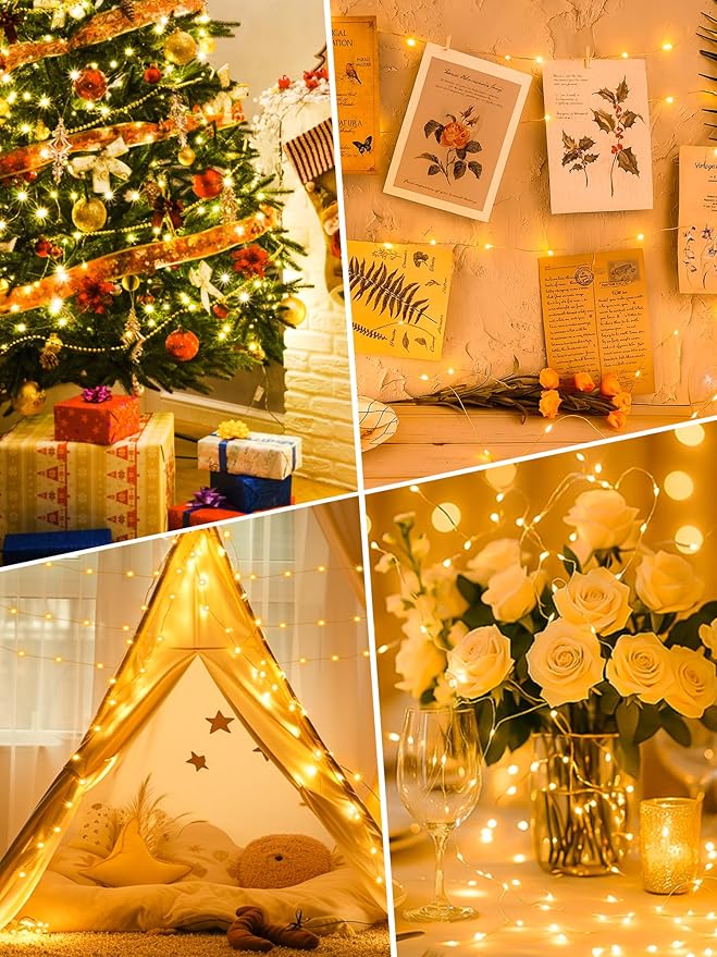 2 Pack Fairy Lights Battery Operated with Timer, 16.4 FT 50 LED Silver Wire Twinkle String Lights 8 Modes Dimmable Waterproof for Indoor Christmas Bedroom Wedding Decorations, Warm White
