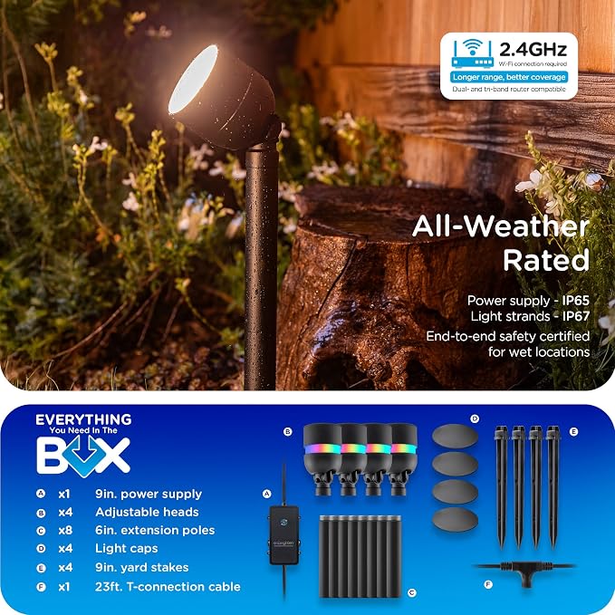Enbrighten Vibe Eternity Path Lights, 23ft, 4 RGBWIC LEDs, Weatherproof, Perfect for Garden, Pathway, and Home Exterior Lighting, Smart App Control, Compatible with Alexa, Google Home, 85966