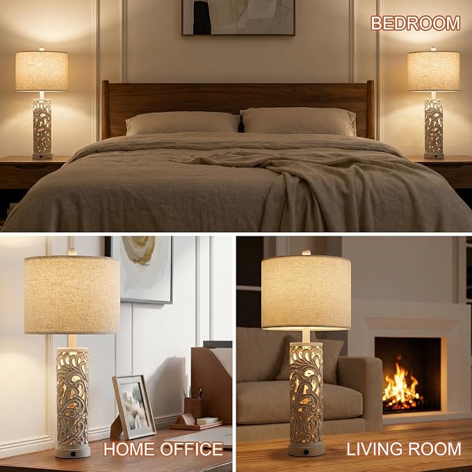 2-in-1 Light Table Lamp Set of 2 for Living Room, 28.5" Farmhouse Bedside Lamps with USB Charging Port, Main&Night Light & Dual Switches, Nightstand Lamp for Bedroom Home Office(Bulb Included)
