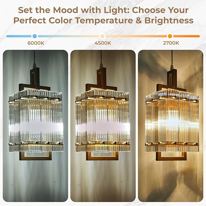 IKK Gold Pendant Light for Kitchen Island, Luxury Ribbed Glass Chandelier Lights Fixture, Modern Elegant Adjustable Pendant Lighting for Dining Room Bedroom, E26 Bulb, L6.5'' x H14''