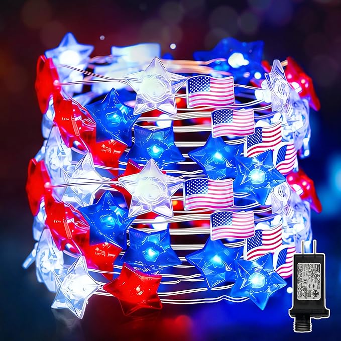 Red White and Blue Patriotic String Lights, 33FT 100 LED Plug in Fairy Lights with 16 Lighting Modes & Timer, 4th of July Decorations for Independence Day Memorial Day Home Garden Decor