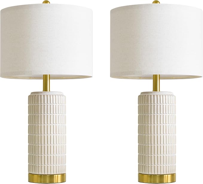 PoKat 25'' Modern Table Lamps Set of 2 for Living Room with Gold Base, White Farmhouse Bedside Lamps for Bedroom, Nightstand Lamps for Office End Table Hallway Home Decor Gift, Beige and White