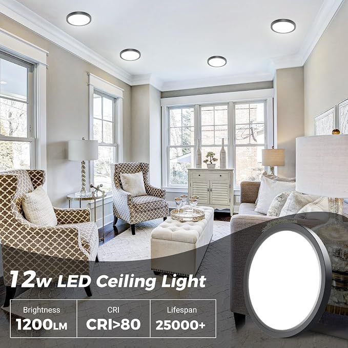 hepside 6PACK Flush Mount LED Ceiling Light Fixture Black, 6.5Inch 12Watt, Dimmable & 3000K-4000K-6500K Ceiling Lamp 1200LM Low Profile Ceiling Light for Kitchen Bedroom Hallway Porch