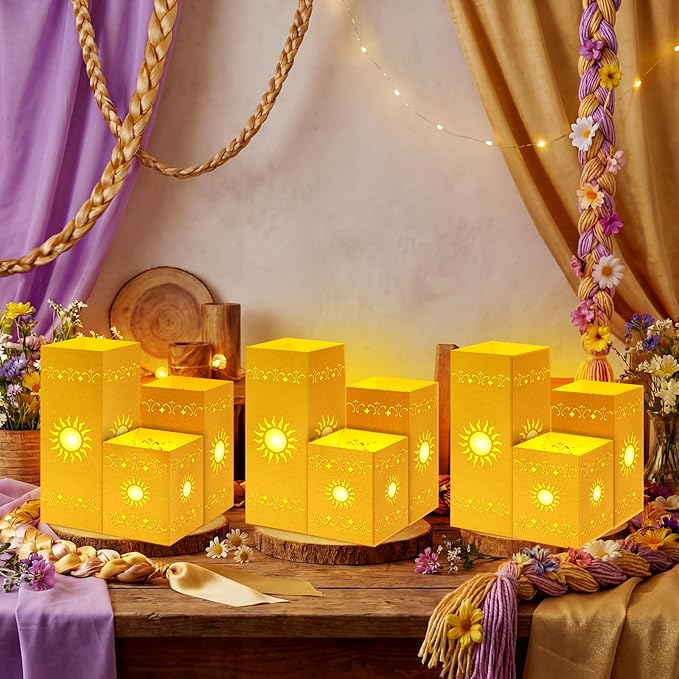 12 Pcs Princess Sun Lantern Centerpieces for Table 3 Size Gold Princess Birthday Cutout Paper Lantern Boxes with Tea Light Candle for Sun Birthday Baby Shower Decor(Cubic)