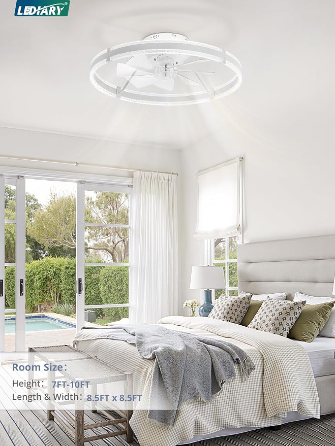 LEDIARY 24'' Modern Low Profile Ceiling Fans with Lights and Remote, White | 3000-6000K Dimmable LED, 6 Wind Speeds, Quiet Reversible DC Motor, Small Flush Mount Fandelier for Bedroom, Living Room