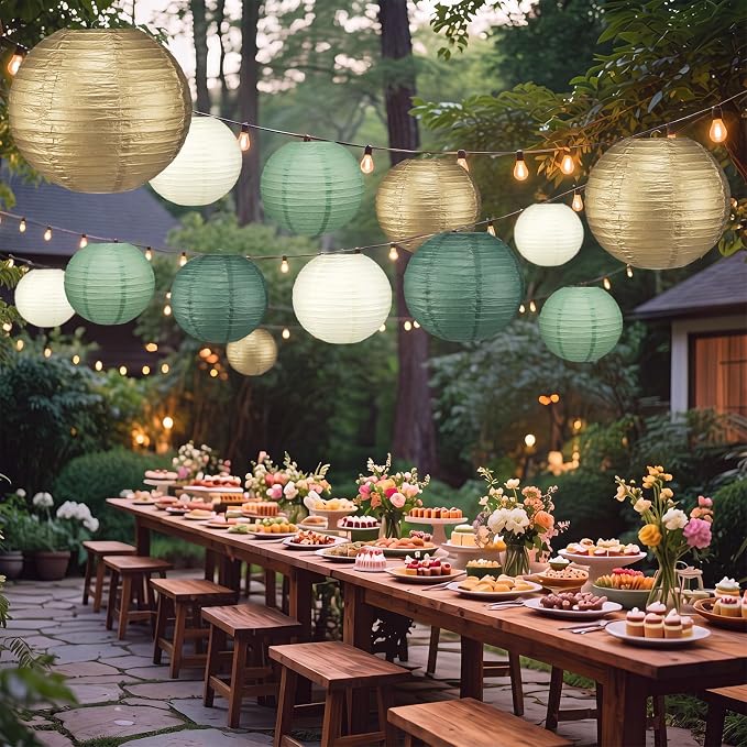 12 Pcs 10" Golg Greem Boho Paper Lanterns Party Classroom Decor