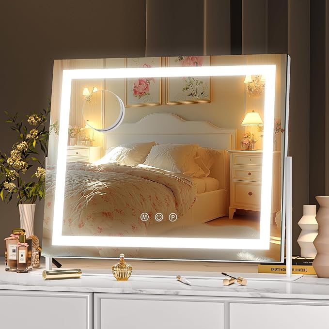 Hasipu Vanity Mirror with Lights, 13.8" x 10.6" LED Makeup Mirror, Light up Mirror with 10X Magnification, Smart Touch 3 Colors Dimmable, 360ยฐ Rotation (White)