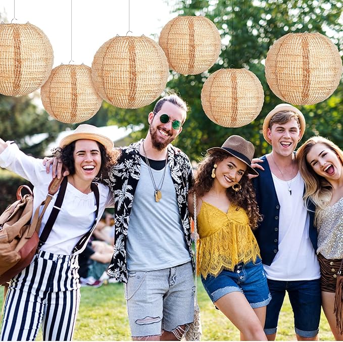 Hortsun 6 Pcs Print Burlap Paper Lanterns Round Chinese Paper Lanterns Farmhouse Boho Classroom Decor Home Sweet Classroom Birthday Party Ceremonial Event (8/10 Inch)