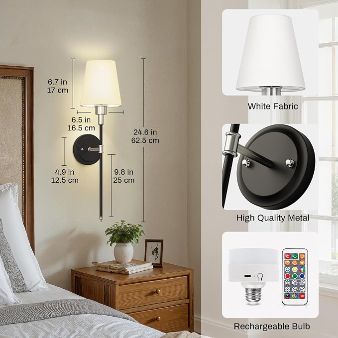 Battery Operated Wall Sconce: Set of 2 Wireless Wall Light 12000mAh | 15 Color Rechargeable Wall Sconces, Sconce Wall Decor Set of 2 for Bedroom, Living Room, Gold, 24.6in