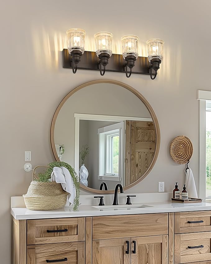 Bathroom Vanity Light - HWH 4-Light Vanity Lights for Bathroom Wall Mounted Light Fixtures Over Mirror, Oil Rubbed Bronze Vanity Light with Bell-Shaped Clear Glass, 5HZG106B-4W ORB