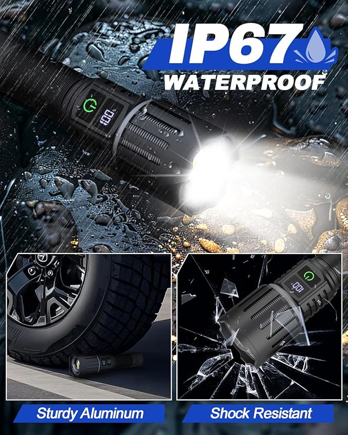 Victoper Rechargeable Flashlight, Titanium 5 Modes Zoomable Flash Light, Bright Real 1500 High Lumens Flashlights, LED Power Display Tactical Flash Lights Holster for Camping Hunting Essential Men