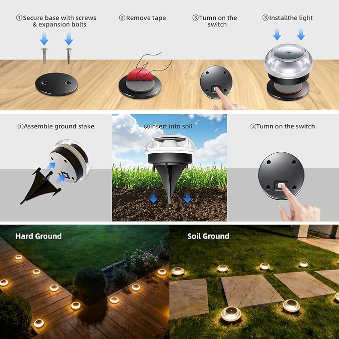 Solar Ground Lights Outdoor, 12PK IP67 Waterproof, 3-Ton Load Capacity | Warm White, 3-Ton Load Capacity, Shatterproof Acrylic & ABS, for Driveway, Pathway, Sidewalk, Garden, Dock, Yard Decor