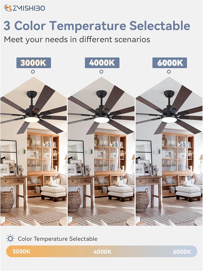 ZMISHIBO 72" Ceiling Fans with Lights for Patio, Living Room, Remote | High CFM Powerful Airflow, Quiet DC Motor, 24W 3 CCT LED, Indoor/Covered Outdoor, Dual-Finish, Damp Rated, Black
