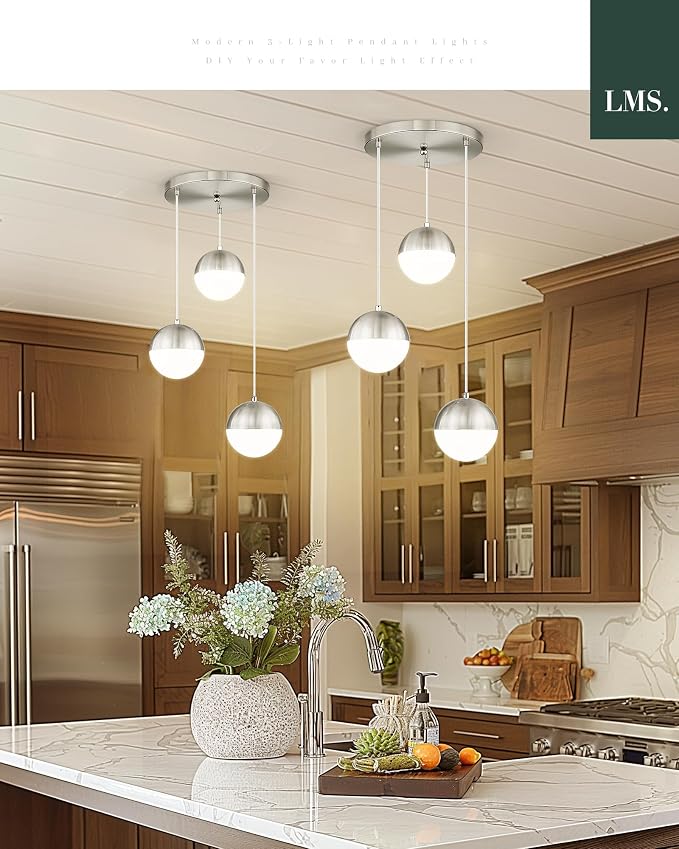 Modern Brushed Nickel 3-Light Cluster Pendant Lights, Mid Century Pendant Lighting with White Globe Glass Shade, Adjustable Hanging Cord Ceiling Light for Home Office Dining Room, LMS-186BN3