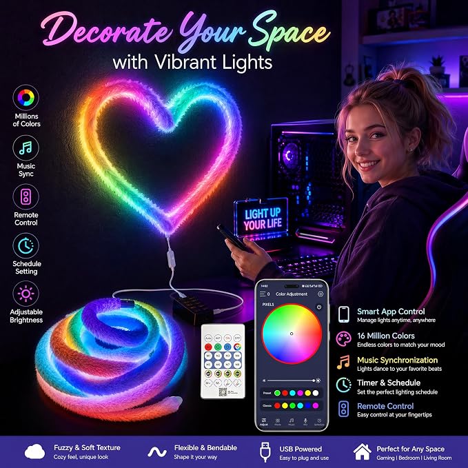 5V USB Plush LED Neon Rope Light, 9.8ft RGB+IC 360° Luminous Smart LED Strip Lights with APP/Remote Control, Music Sync Mode,Cozy Flexible Décor LED Light Strip for Dream Bedroom,Games Room