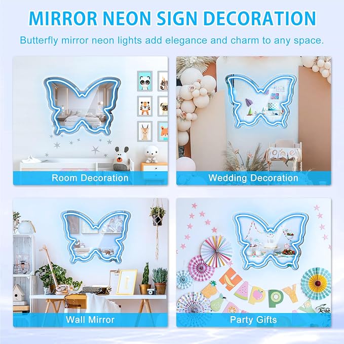 Butterfly Neon Sign Mirror, LED Neon Sign for Wall Decor, 15.7'' x 12'' Dimmable Neon Light for Teen Girls & Kids Birthday Party Gift, Neon Signs for Girl Room Decor, Wall Mirror, USB Powered (Ice Blue)