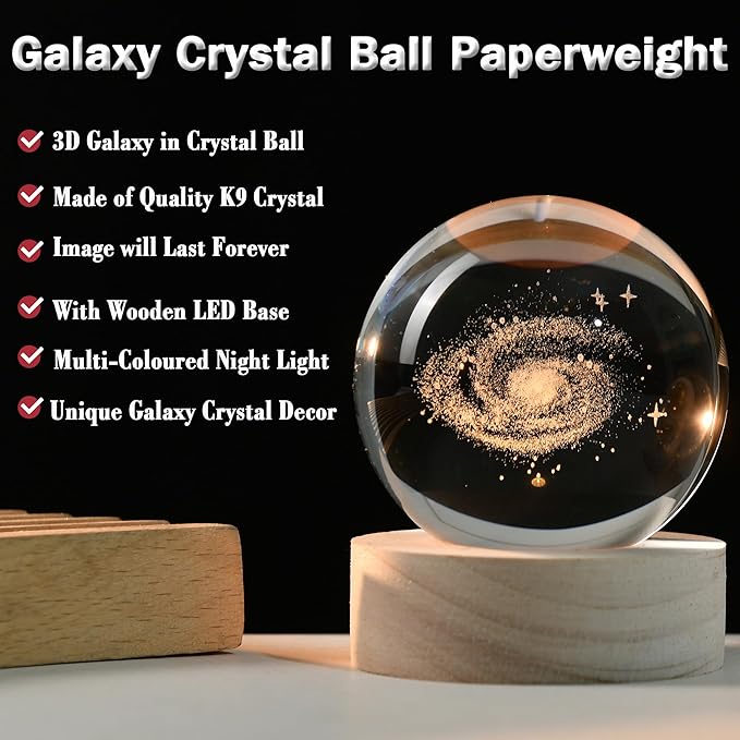 IFOLAINA 3D Galaxy Crystal Ball 2.36" Laser Engraved Glass Planet Sphere Gifts with Colorful Lighted Base Decorative Glass Ball Galaxy Model Decor Space Universe Gifts for Astronomy Lover