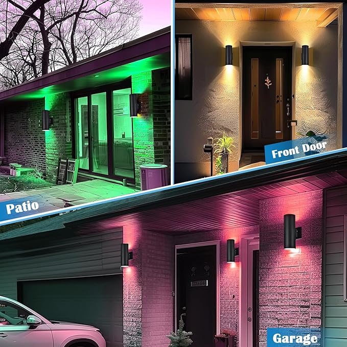 RGB Outdoor Wall Light Fixtures, Smart Cylinder Exterior Lighting Fixtures Wall Mount, Color Changing Up Down Wall Sconce, LED Outdoor Porch Lights for House Front Door Garage