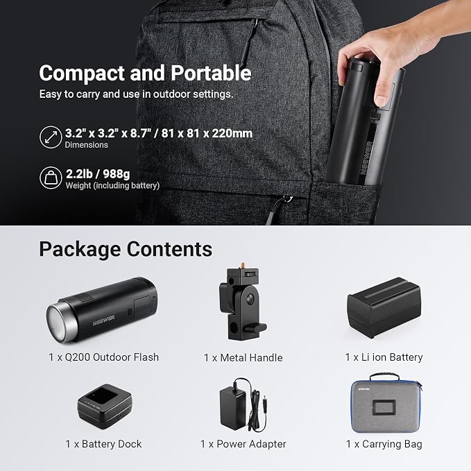 NEEWER 200Ws 2.4G TTL Outdoor Strobe Flash Compatible with Godox, 1/8000s HSS Portable Studio Photography Monolight with Modeling Light/3200mAh Battery/750 Flashes/1.5s Recycle, Q200
