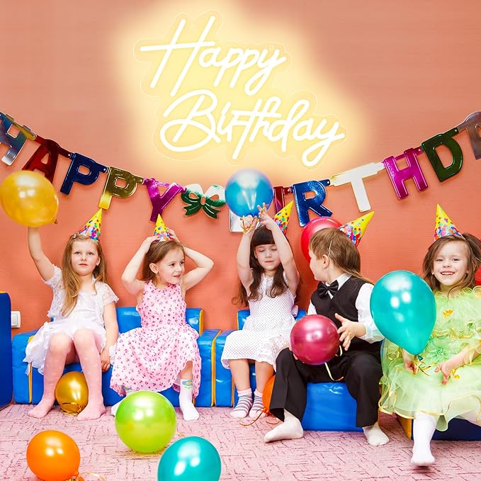 Happy Birthday Neon Sign for Wall Decor, USB Powered LED Neon Sign with Dimmable Brightness, Ideal for All Ages Birthday Parties and Celebrations, With 2 Pcs Birthday Cards (17×12 Inch)