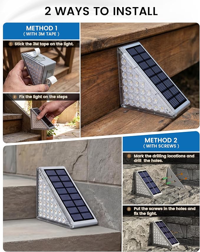 Outdoor Step Lights, Upgraded 28 LEDs 2 Brightness Modes, IP67 Waterproof Solar Stair Lights for Outside Steps, 1200mAh Battery Long Runtime Warm White for Patio Deck Yard Porch, 12 Pack