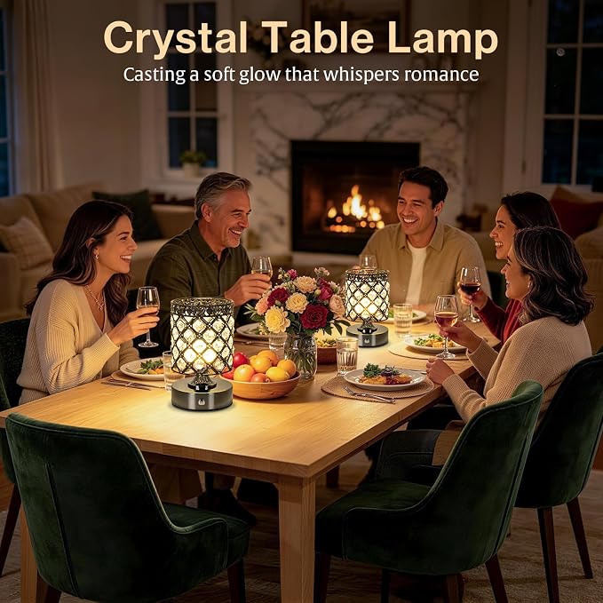 Black Small Crystal Rechargeable Cordless Table Lamps Set of 2 | 6000mAh Battery, 3 Color Temps, Stepless Dimming, Touch Control, Portable Wireless Night Light for Bar Bedroom Living Room