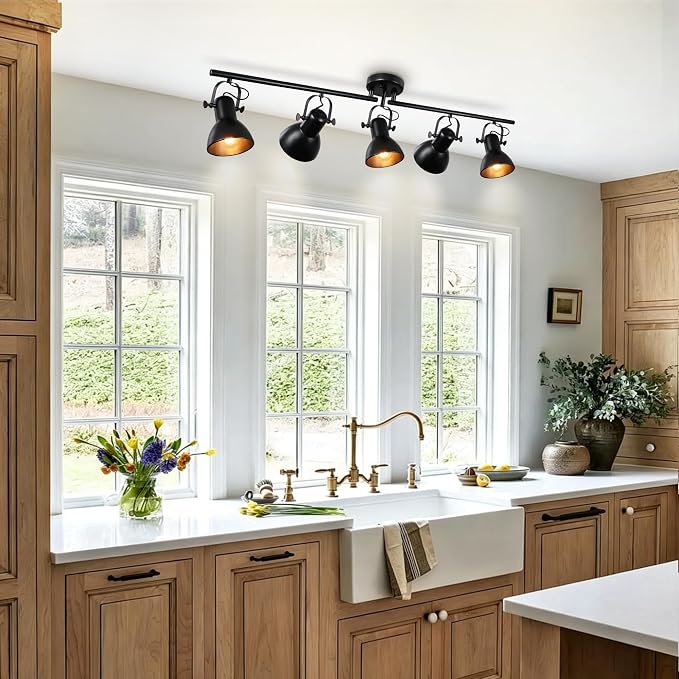 5-Light Kitchen Track Lighting Fixtures Ceiling, Black Semi Flush Mount Track Ceiling Light with 5 Flexibly Rotatable Lighting Heads Track Lighting Kit Ceiling Spot Lighting, Dia 47.24in